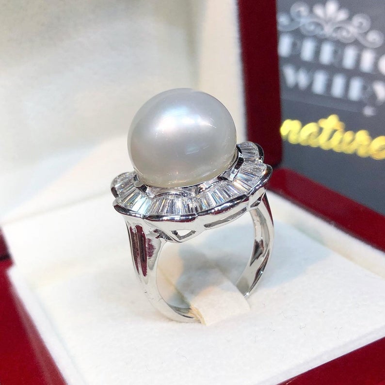 WOW! 13.5mm SOUTH SEA Pearl & 1.23 ct diamonds in 18K handmade solid white gold ring one of a kind handcrafted huge cocktail white australia