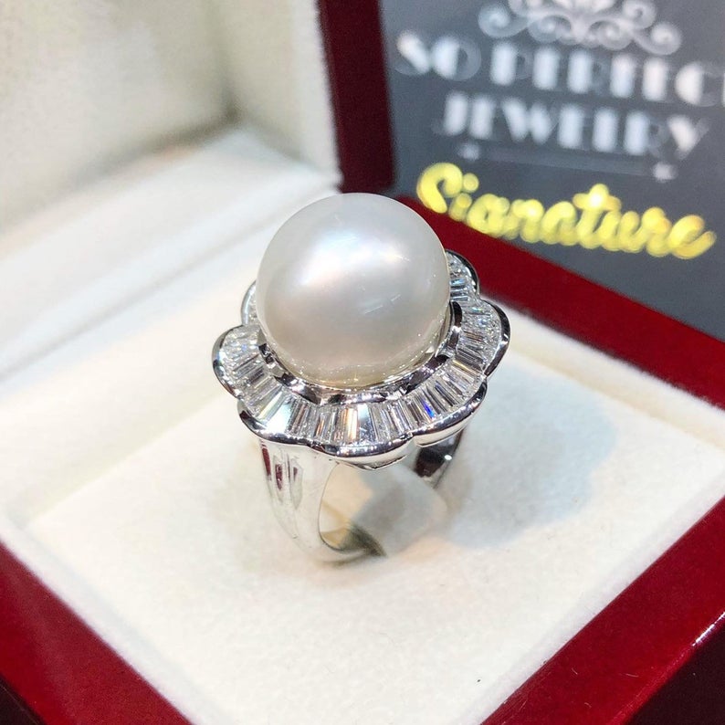 WOW! 13.5mm SOUTH SEA Pearl & 1.23 ct diamonds in 18K handmade solid white gold ring one of a kind handcrafted huge cocktail white australia