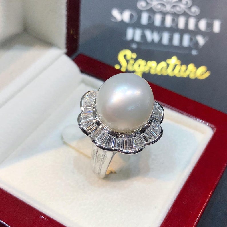 WOW! 13.5mm SOUTH SEA Pearl & 1.23 ct diamonds in 18K handmade solid white gold ring one of a kind handcrafted huge cocktail white australia