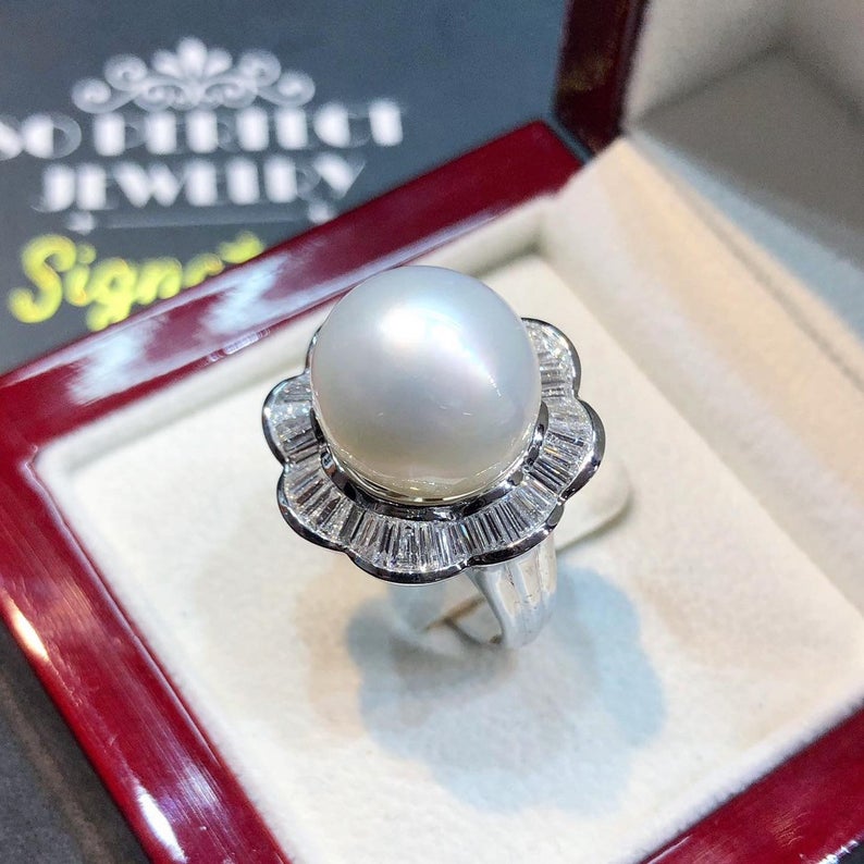 WOW! 13.5mm SOUTH SEA Pearl & 1.23 ct diamonds in 18K handmade solid white gold ring one of a kind handcrafted huge cocktail white australia