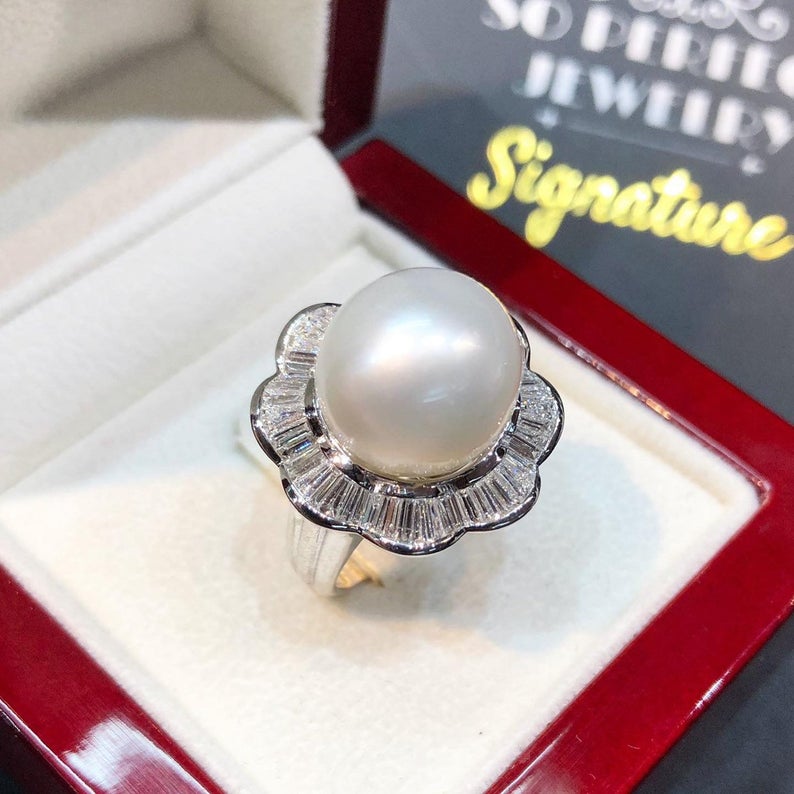 WOW! 13.5mm SOUTH SEA Pearl & 1.23 ct diamonds in 18K handmade solid white gold ring one of a kind handcrafted huge cocktail white australia