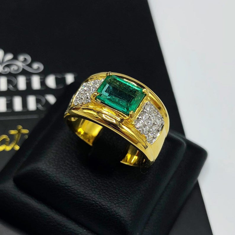 MENS! 2.14TCW Natural Emerald & Diamonds handmade 18K Solid Yellow gold ring estate certified zambian colombian gentleman green man unisex