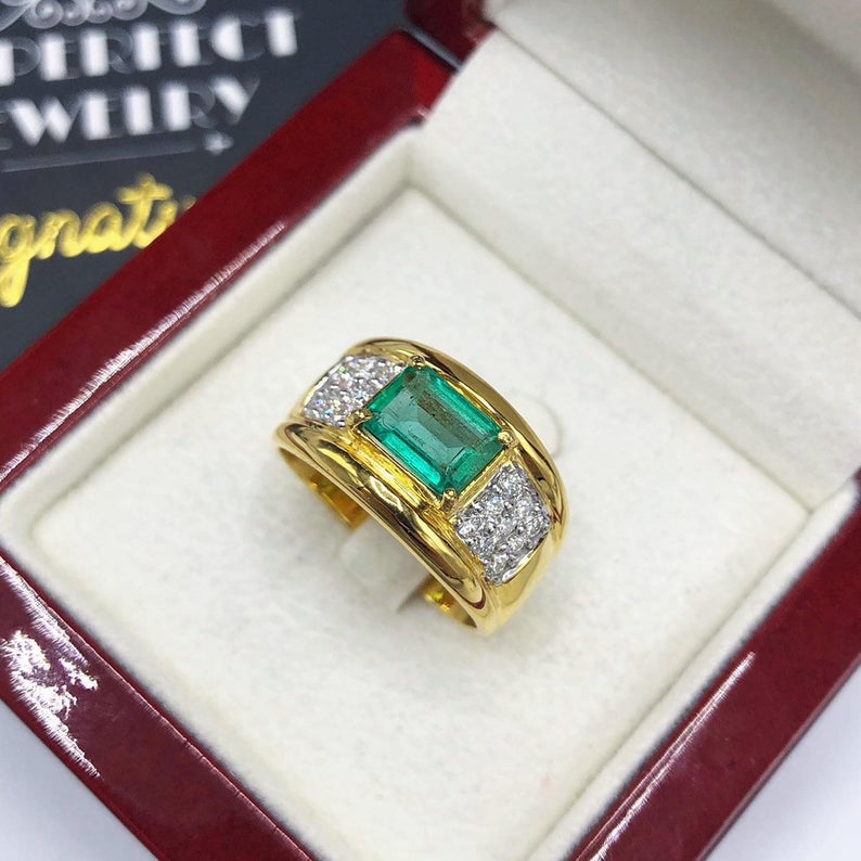 MENS! 2.14TCW Natural Emerald & Diamonds handmade 18K Solid Yellow gold ring estate certified zambian colombian gentleman green man unisex