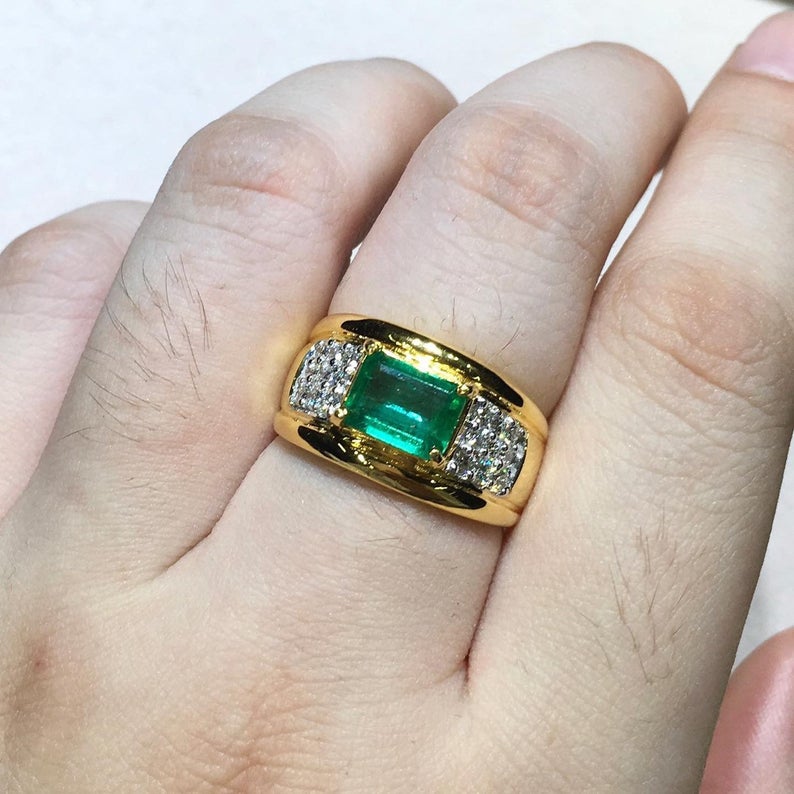 MENS! 2.14TCW Natural Emerald & Diamonds handmade 18K Solid Yellow gold ring estate certified zambian colombian gentleman green man unisex