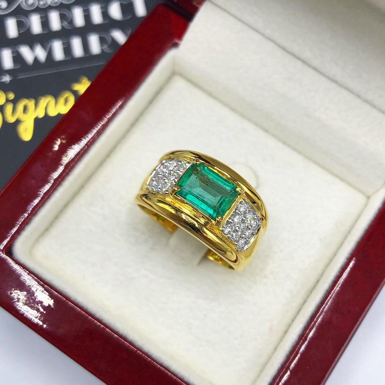 MENS! 2.14TCW Natural Emerald & Diamonds handmade 18K Solid Yellow gold ring estate certified zambian colombian gentleman green man unisex