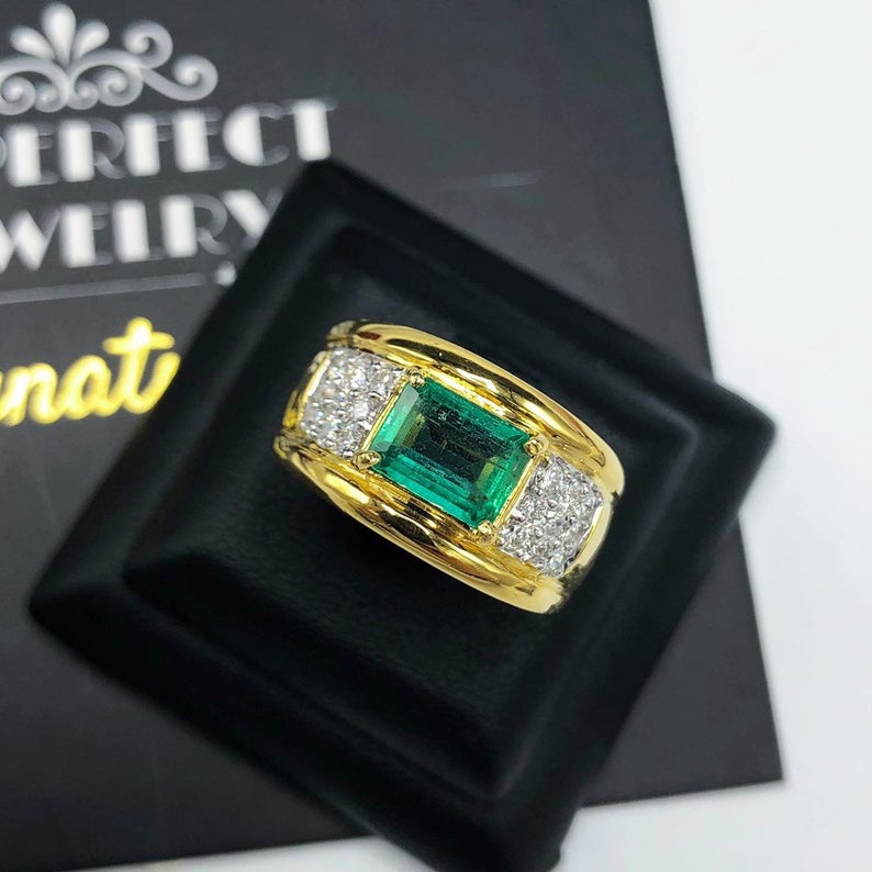 MENS! 2.14TCW Natural Emerald & Diamonds handmade 18K Solid Yellow gold ring estate certified zambian colombian gentleman green man unisex