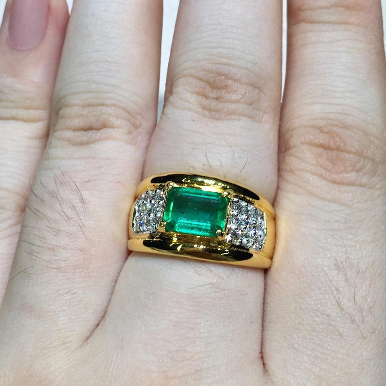 MENS! 2.14TCW Natural Emerald & Diamonds handmade 18K Solid Yellow gold ring estate certified zambian colombian gentleman green man unisex