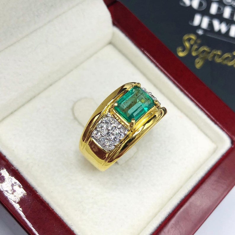 MENS! 2.14TCW Natural Emerald & Diamonds handmade 18K Solid Yellow gold ring estate certified zambian colombian gentleman green man unisex