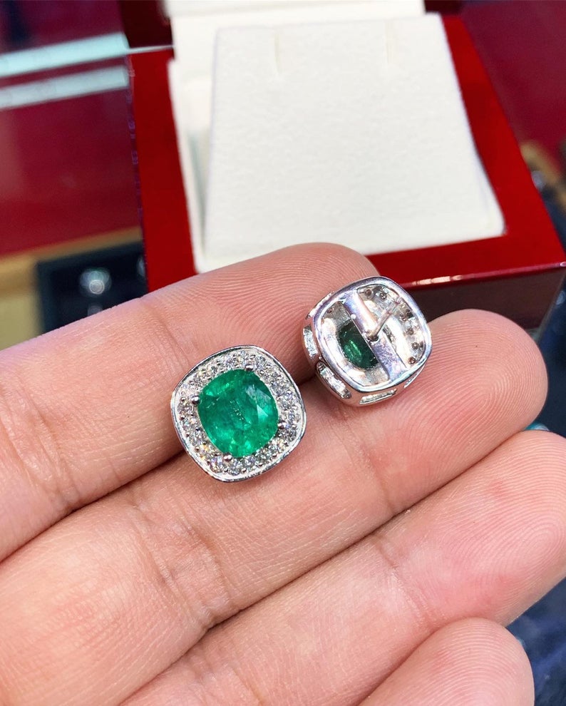 VIVID! 5.49TCW Emerald VS Diamonds in 18K solid white gold earrings studs natural certified zambian Colombian halo wedding modern oval green