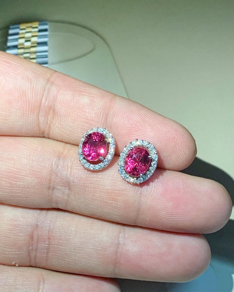 HOT! 4.10TCW Pink Tourmaline & Diamonds 18K solid white gold earrings rubellite untreated studs certified natural unheated red yellow white