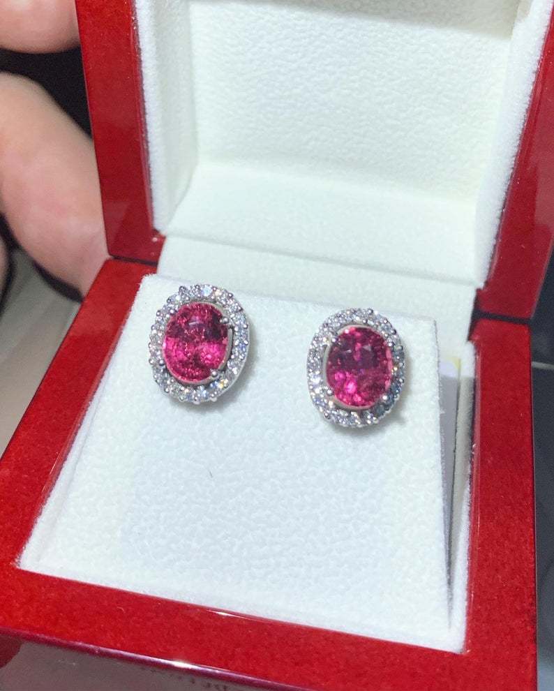 HOT! 4.10TCW Pink Tourmaline & Diamonds 18K solid white gold earrings rubellite untreated studs certified natural unheated red yellow white