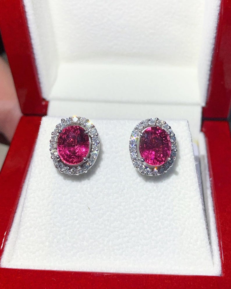 HOT! 4.10TCW Pink Tourmaline & Diamonds 18K solid white gold earrings rubellite untreated studs certified natural unheated red yellow white