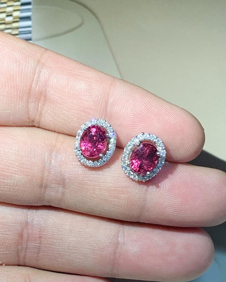 HOT! 4.10TCW Pink Tourmaline & Diamonds 18K solid white gold earrings rubellite untreated studs certified natural unheated red yellow white