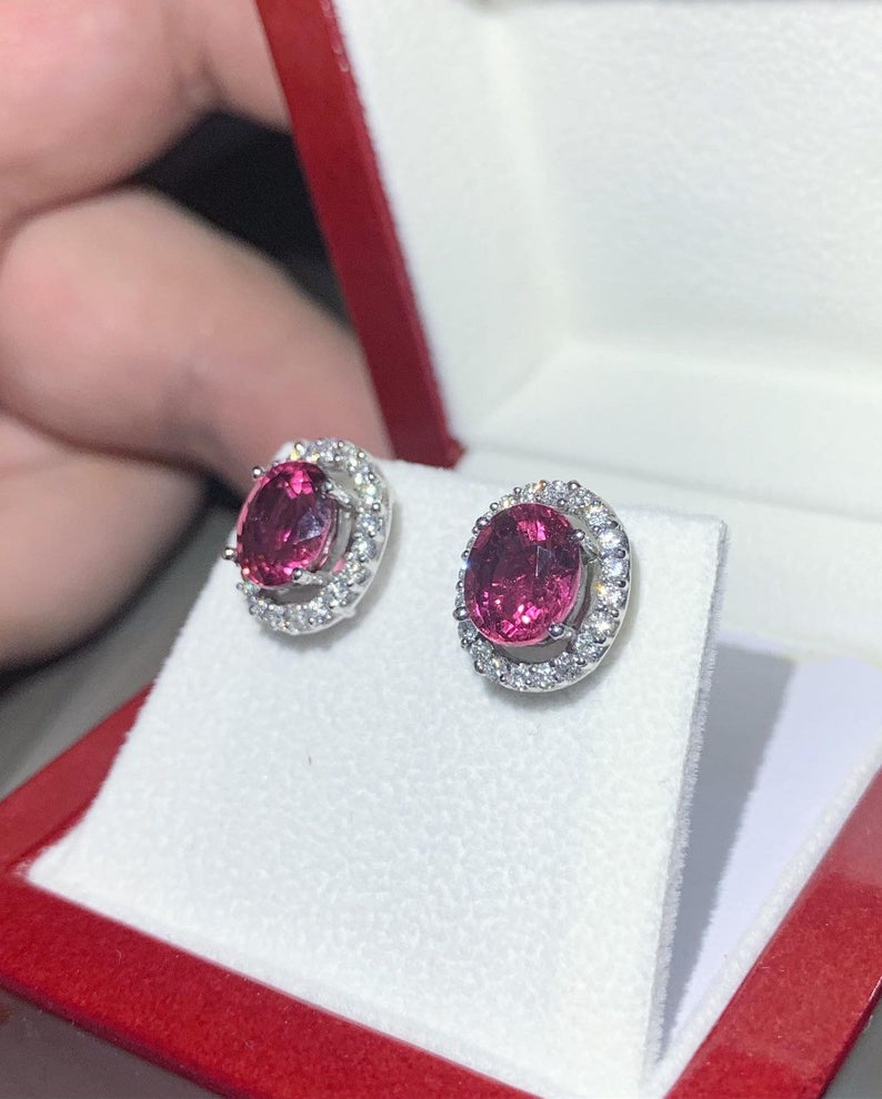 HOT! 4.10TCW Pink Tourmaline & Diamonds 18K solid white gold earrings rubellite untreated studs certified natural unheated red yellow white