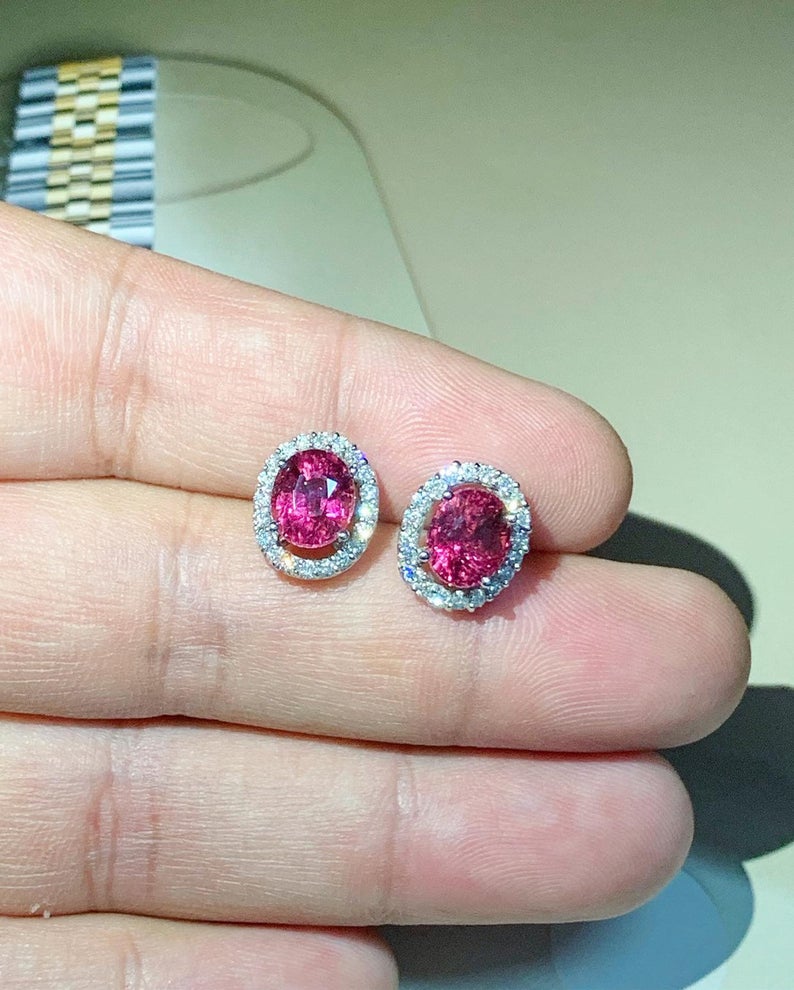 HOT! 4.10TCW Pink Tourmaline & Diamonds 18K solid white gold earrings rubellite untreated studs certified natural unheated red yellow white