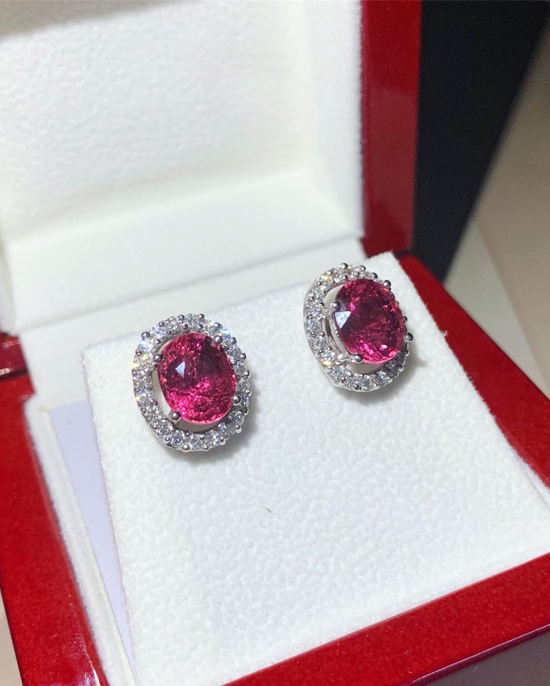 HOT! 4.10TCW Pink Tourmaline & Diamonds 18K solid white gold earrings rubellite untreated studs certified natural unheated red yellow white