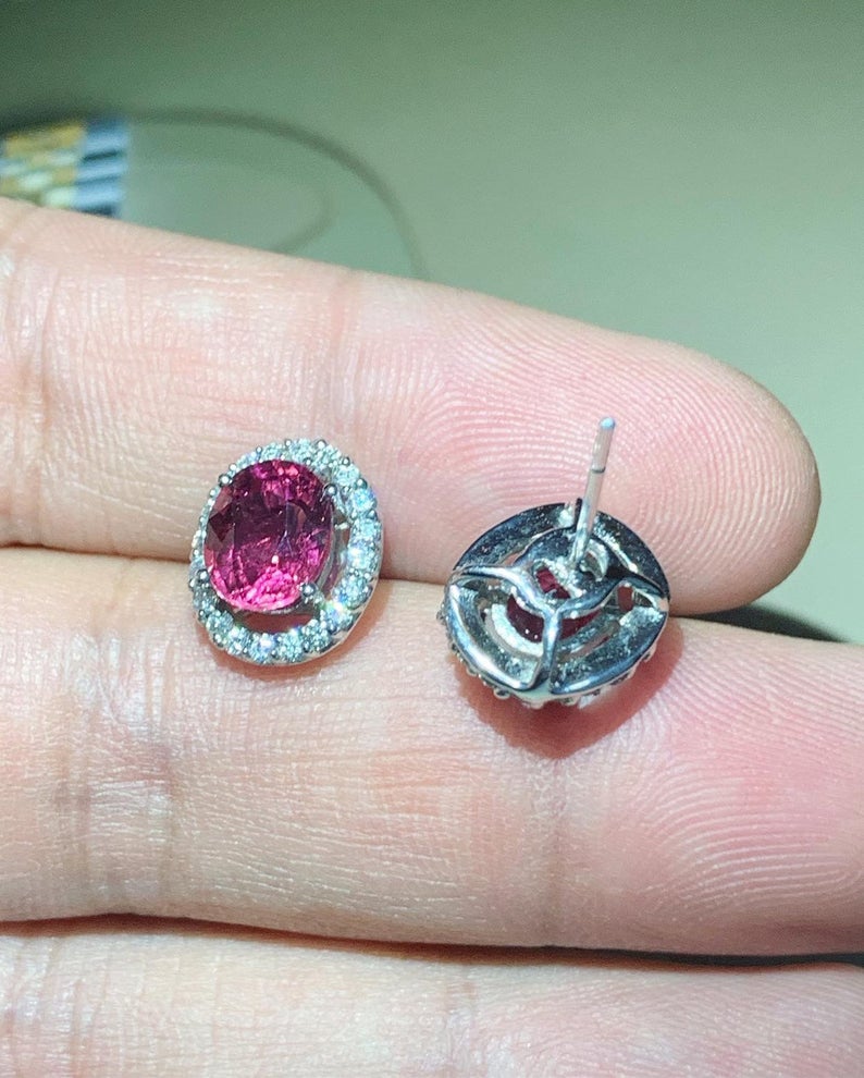 HOT! 4.10TCW Pink Tourmaline & Diamonds 18K solid white gold earrings rubellite untreated studs certified natural unheated red yellow white