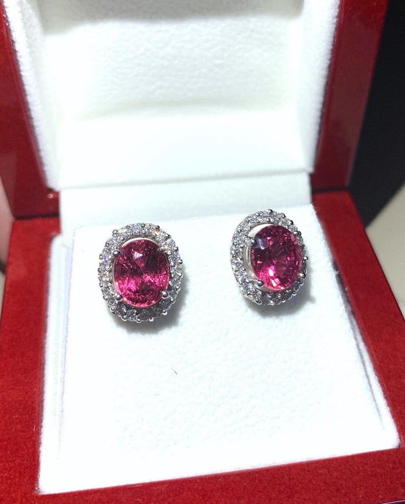 HOT! 4.10TCW Pink Tourmaline & Diamonds 18K solid white gold earrings rubellite untreated studs certified natural unheated red yellow white