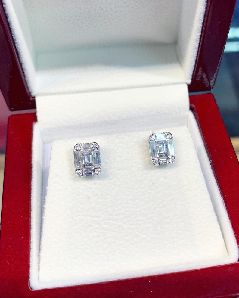 2-IN-1 Emerald Cut Diamond Illusion Setting Natural 18K solid white gold handmade earrings studs wedding gift sqaure retacgular invisible