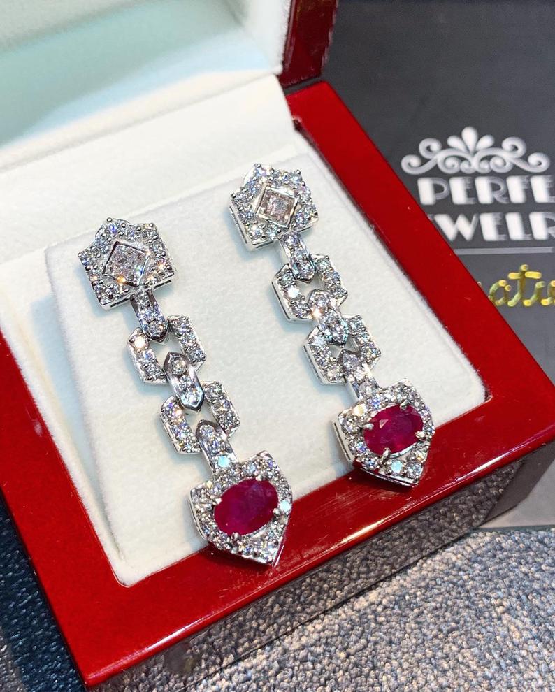 UNIQUE! 3.88TCW Burmese Ruby & Diamonds in 18K solid white gold chandelier earrings vintage blood dangling designer natural art deco burma