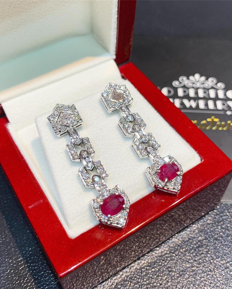 UNIQUE! 3.88TCW Burmese Ruby & Diamonds in 18K solid white gold chandelier earrings vintage blood dangling designer natural art deco burma