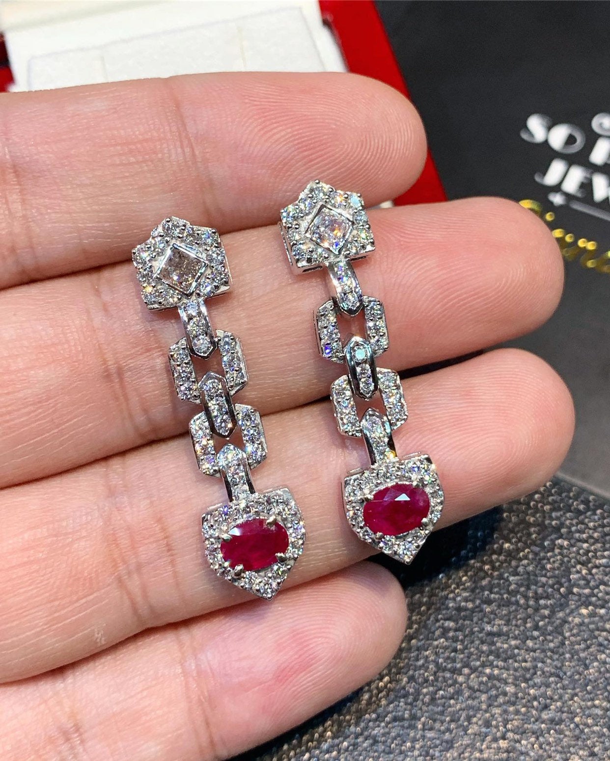 UNIQUE! 3.88TCW Burmese Ruby & Diamonds in 18K solid white gold chandelier earrings vintage blood dangling designer natural art deco burma