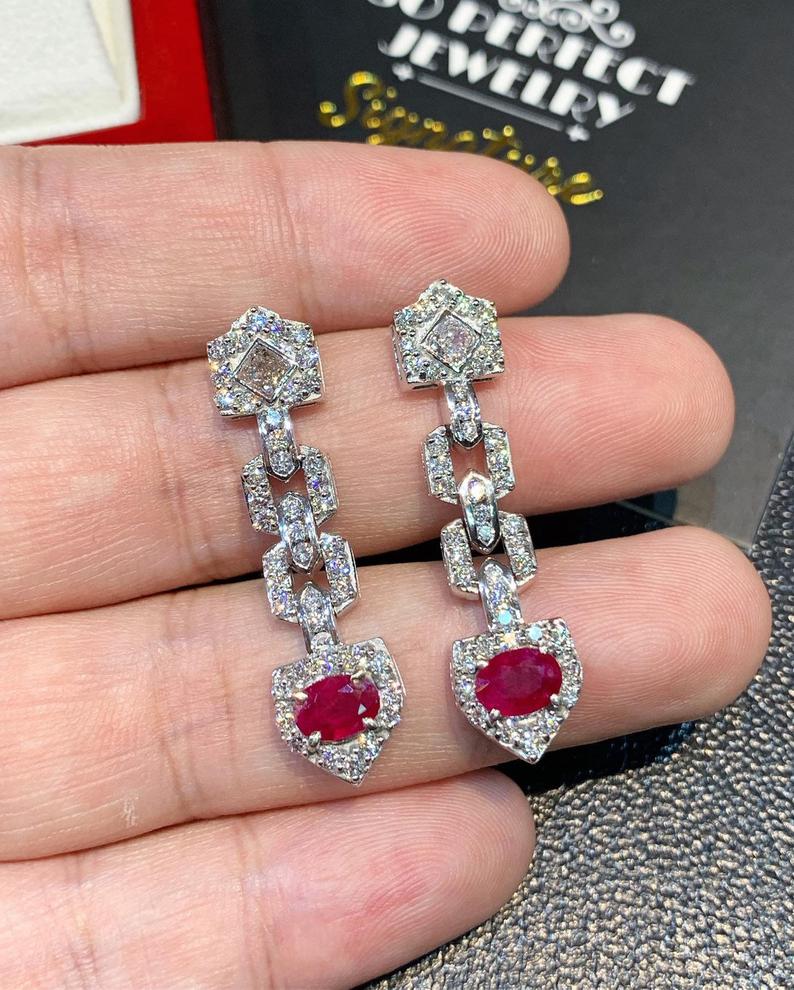 UNIQUE! 3.88TCW Burmese Ruby & Diamonds in 18K solid white gold chandelier earrings vintage blood dangling designer natural art deco burma