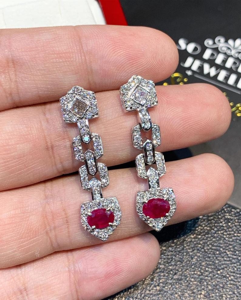 UNIQUE! 3.88TCW Burmese Ruby & Diamonds in 18K solid white gold chandelier earrings vintage blood dangling designer natural art deco burma