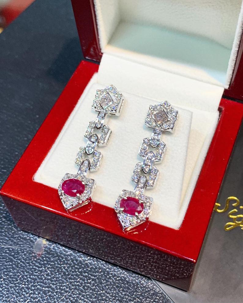 UNIQUE! 3.88TCW Burmese Ruby & Diamonds in 18K solid white gold chandelier earrings vintage blood dangling designer natural art deco burma