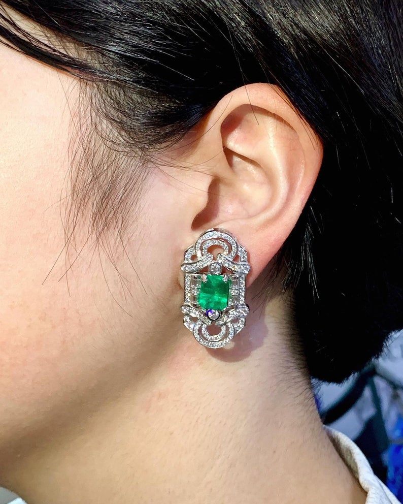 ART DECO! 6.78TCW Colombian Emerald VS Diamonds 18K solid white gold earrings studs natural certified gift christmas vintage brand vivid big