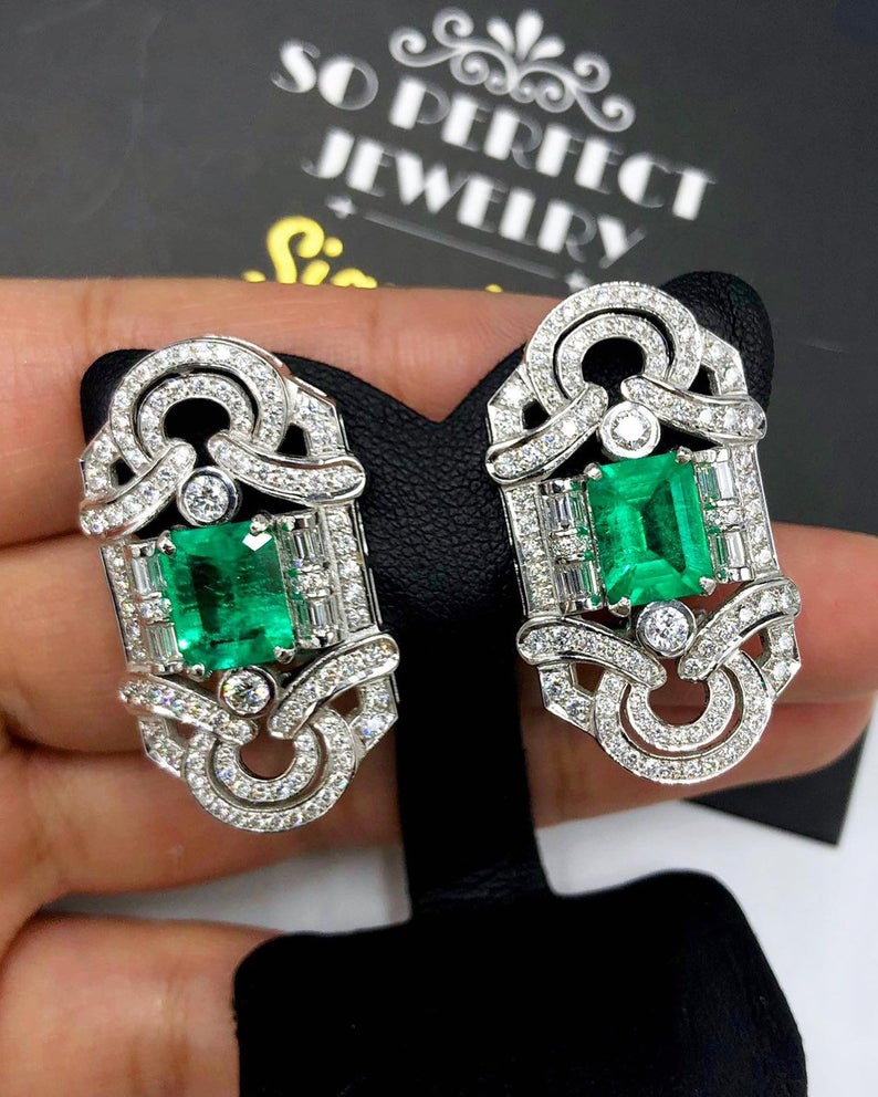 ART DECO! 6.78TCW Colombian Emerald VS Diamonds 18K solid white gold earrings studs natural certified gift christmas vintage brand vivid big