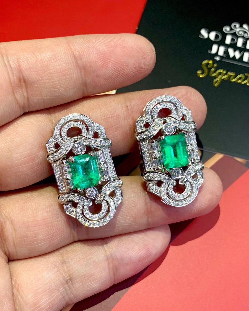 ART DECO! 6.78TCW Colombian Emerald VS Diamonds 18K solid white gold earrings studs natural certified gift christmas vintage brand vivid big