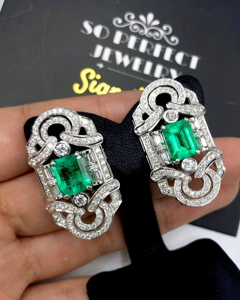 ART DECO! 6.78TCW Colombian Emerald VS Diamonds 18K solid white gold earrings studs natural certified gift christmas vintage brand vivid big