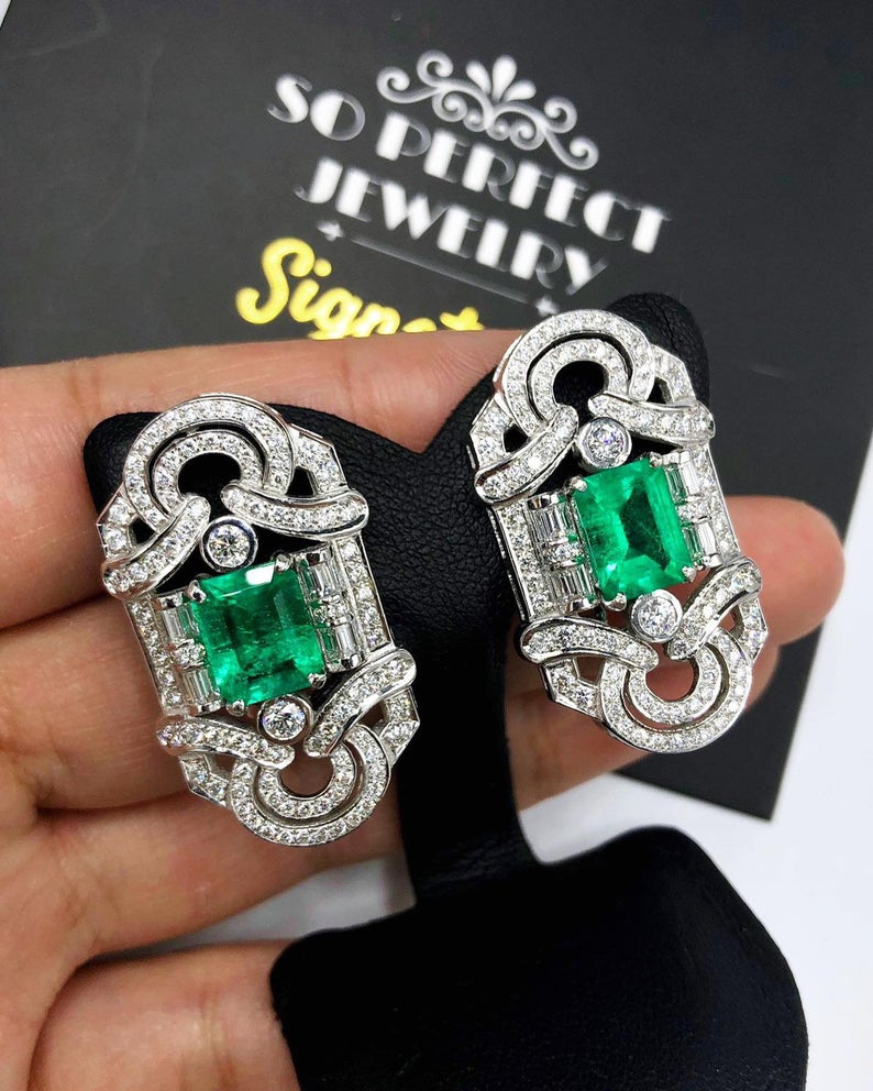 ART DECO! 6.78TCW Colombian Emerald VS Diamonds 18K solid white gold earrings studs natural certified gift christmas vintage brand vivid big