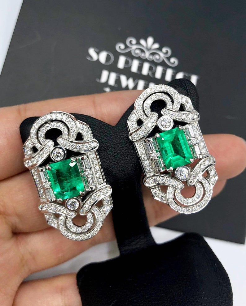 ART DECO! 6.78TCW Colombian Emerald VS Diamonds 18K solid white gold earrings studs natural certified gift christmas vintage brand vivid big