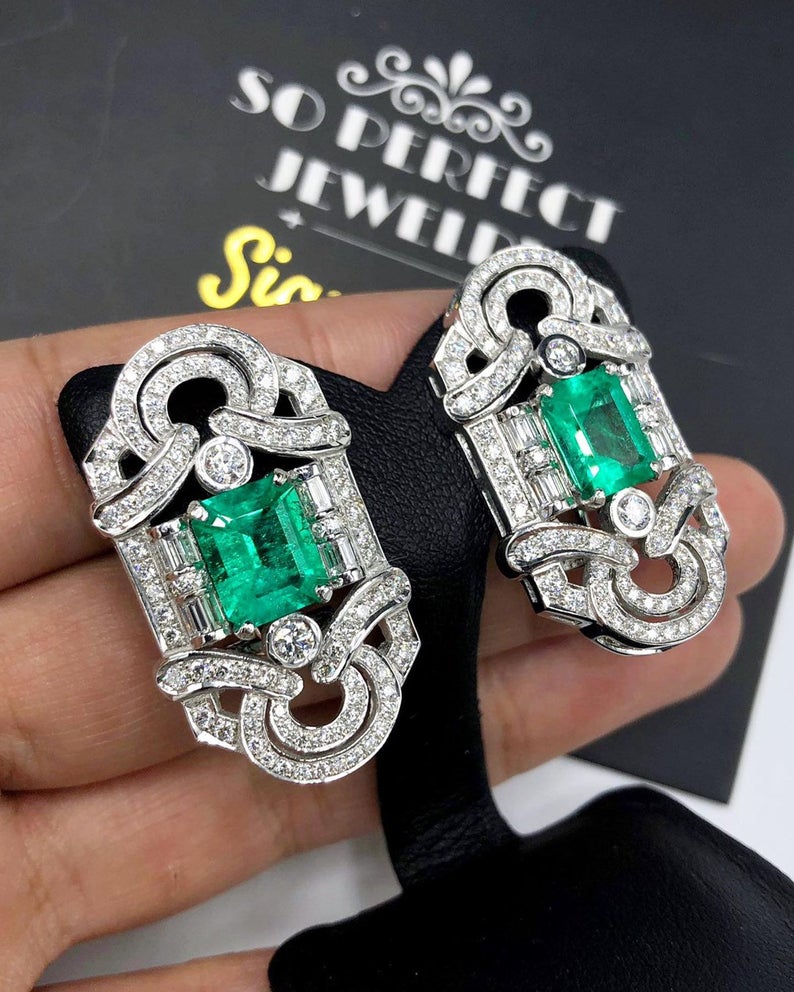 ART DECO! 6.78TCW Colombian Emerald VS Diamonds 18K solid white gold earrings studs natural certified gift christmas vintage brand vivid big