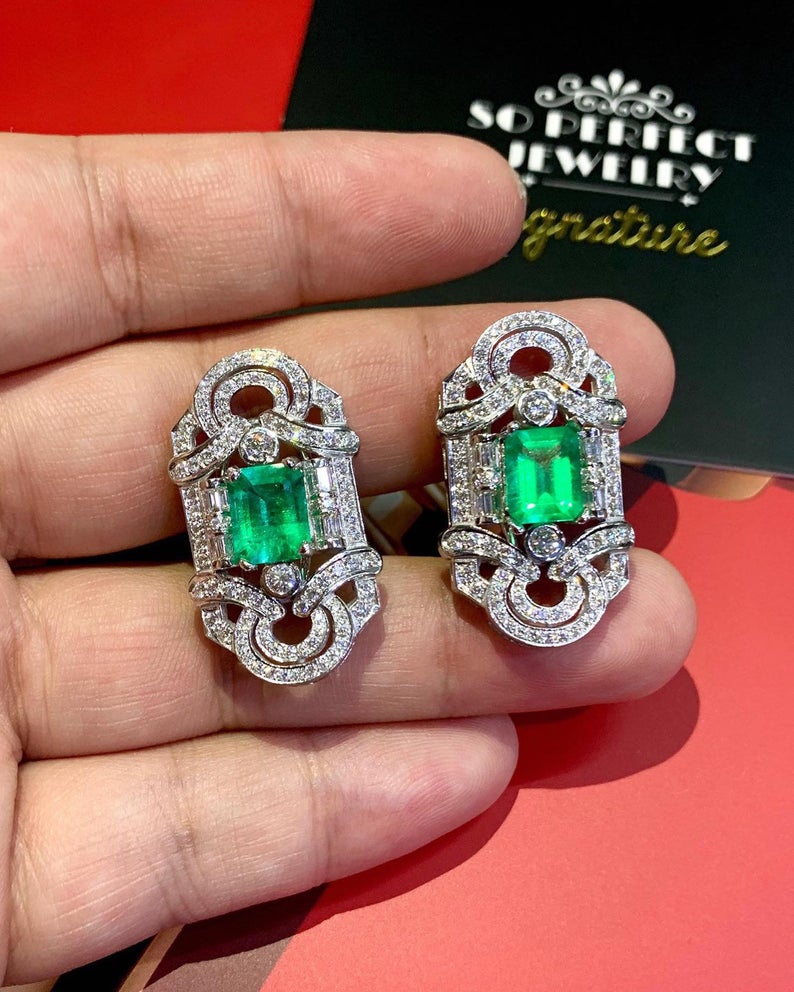 ART DECO! 6.78TCW Colombian Emerald VS Diamonds 18K solid white gold earrings studs natural certified gift christmas vintage brand vivid big