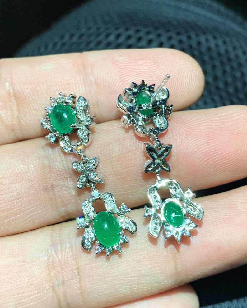 Colombian 4.68TCW Emeralds & Diamond in 18K solid WHITE gold handmade earrings dangle drop vintage white gold chandelier cabochon christmas