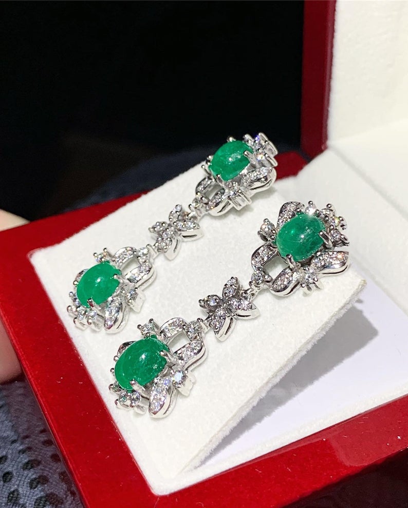 Colombian 4.68TCW Emeralds & Diamond in 18K solid WHITE gold handmade earrings dangle drop vintage white gold chandelier cabochon christmas