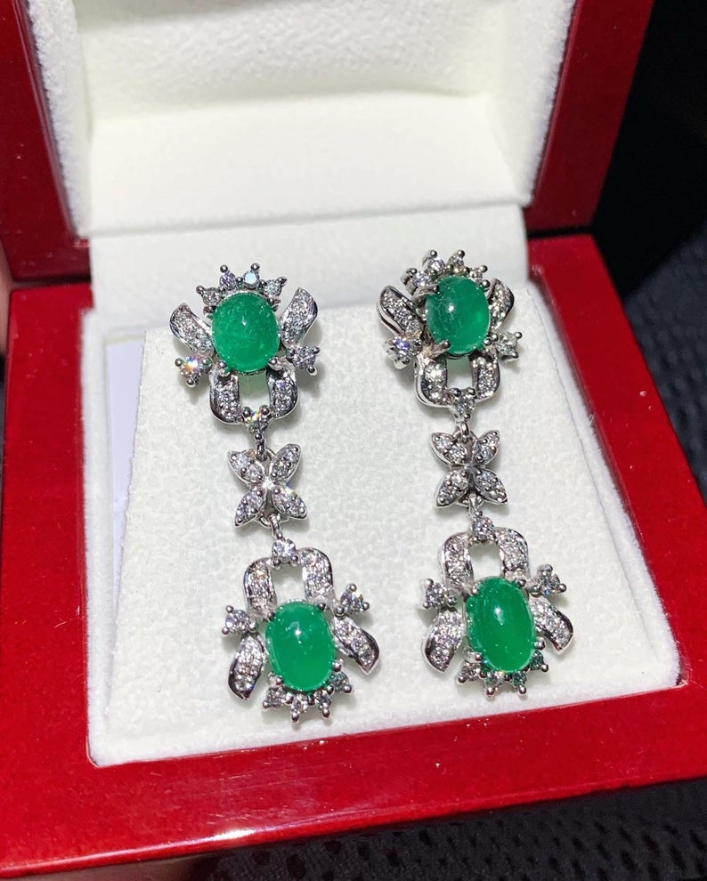 Colombian 4.68TCW Emeralds & Diamond in 18K solid WHITE gold handmade earrings dangle drop vintage white gold chandelier cabochon christmas