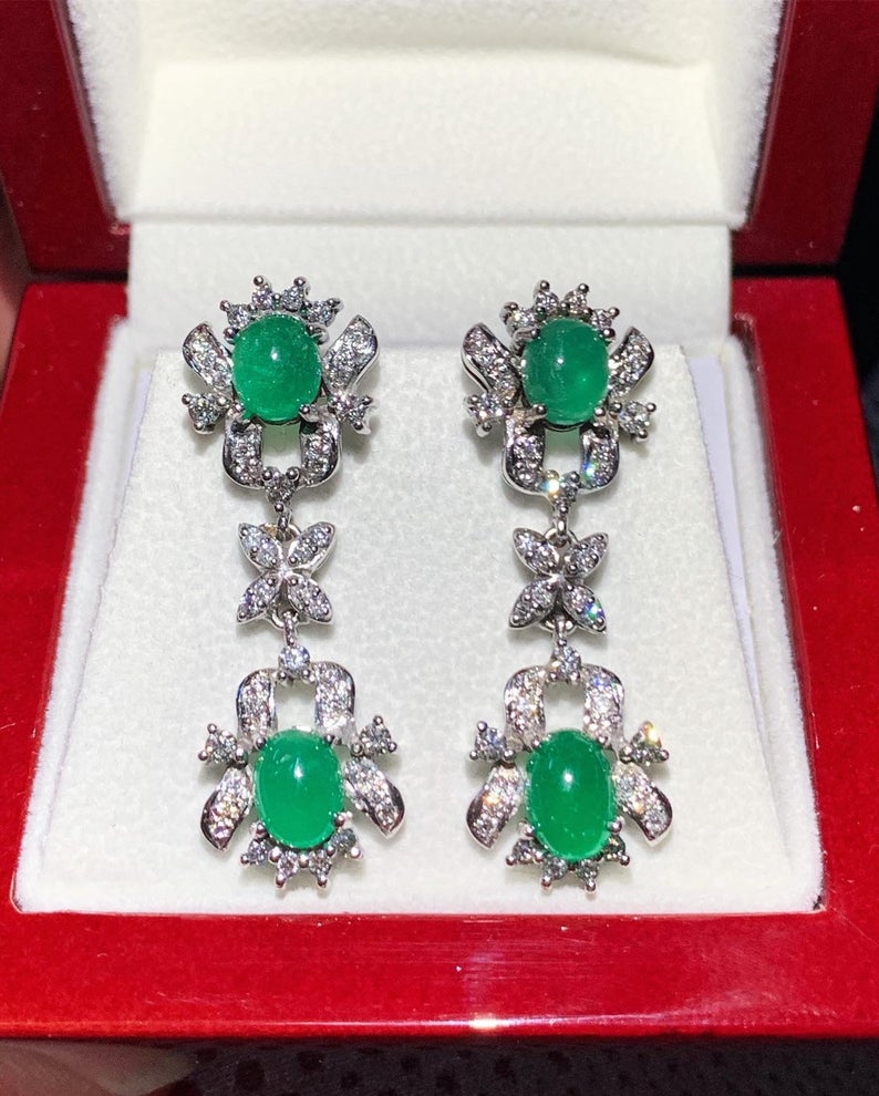 Colombian 4.68TCW Emeralds & Diamond in 18K solid WHITE gold handmade earrings dangle drop vintage white gold chandelier cabochon christmas