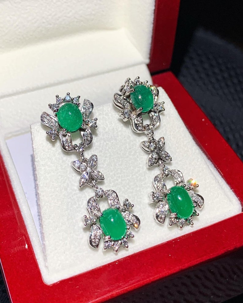 Colombian 4.68TCW Emeralds & Diamond in 18K solid WHITE gold handmade earrings dangle drop vintage white gold chandelier cabochon christmas