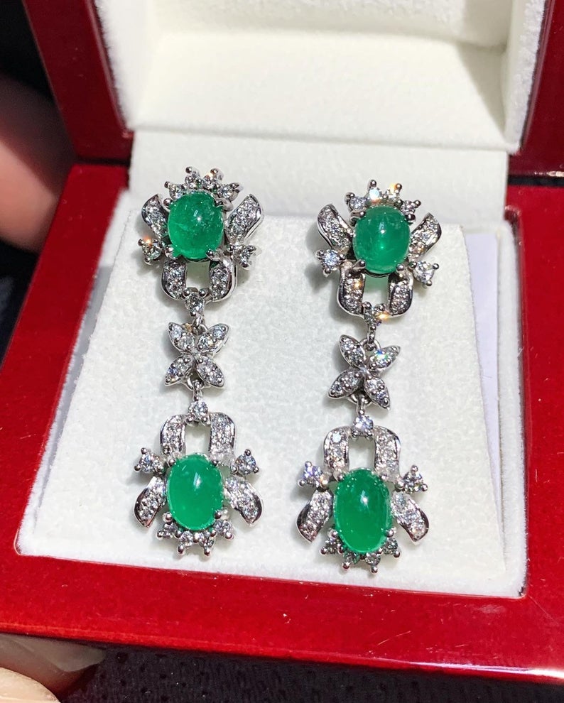 Colombian 4.68TCW Emeralds & Diamond in 18K solid WHITE gold handmade earrings dangle drop vintage white gold chandelier cabochon christmas