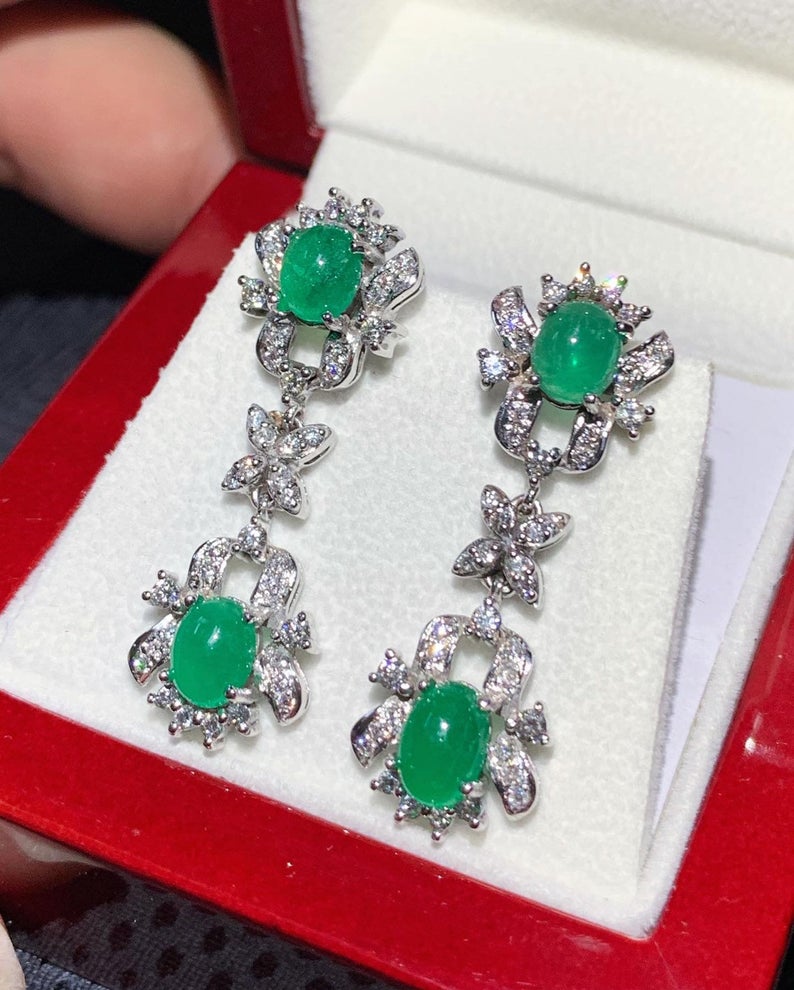 Colombian 4.68TCW Emeralds & Diamond in 18K solid WHITE gold handmade earrings dangle drop vintage white gold chandelier cabochon christmas