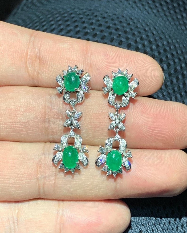 Colombian 4.68TCW Emeralds & Diamond in 18K solid WHITE gold handmade earrings dangle drop vintage white gold chandelier cabochon christmas