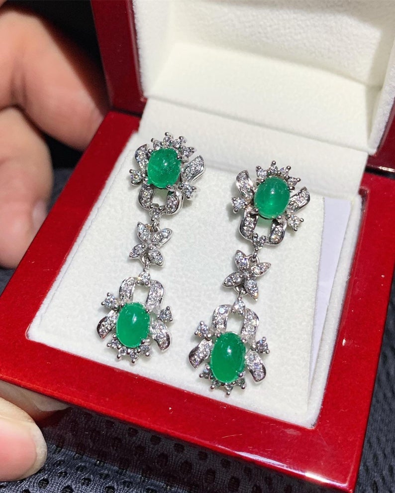 Colombian 4.68TCW Emeralds & Diamond in 18K solid WHITE gold handmade earrings dangle drop vintage white gold chandelier cabochon christmas