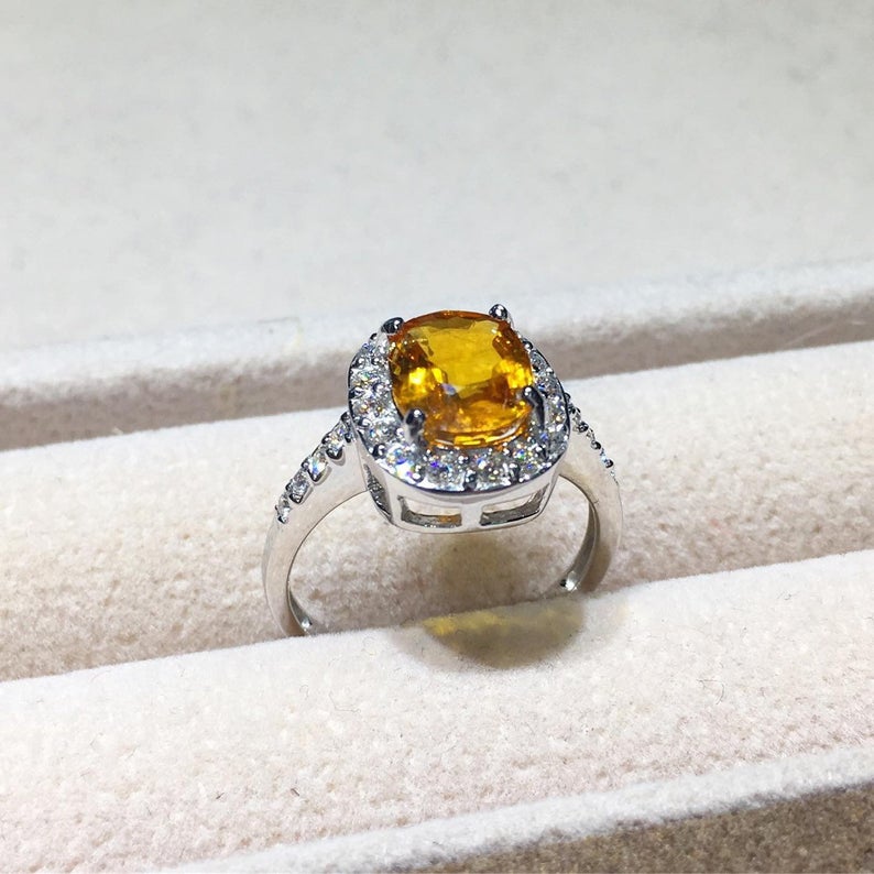 SPARKLING! 2.98TCW Yellow Sapphire & Diamonds in 18K solid handmade white gold ring engagement vintage wedding gift september orange golden