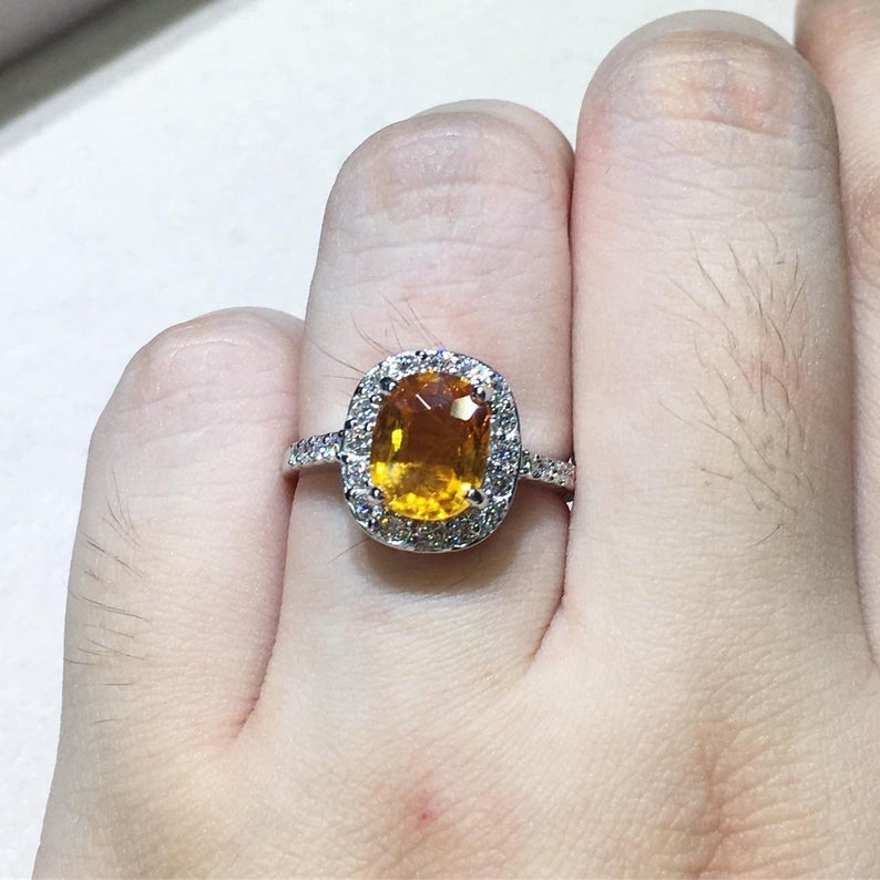 SPARKLING! 2.98TCW Yellow Sapphire & Diamonds in 18K solid handmade white gold ring engagement vintage wedding gift september orange golden