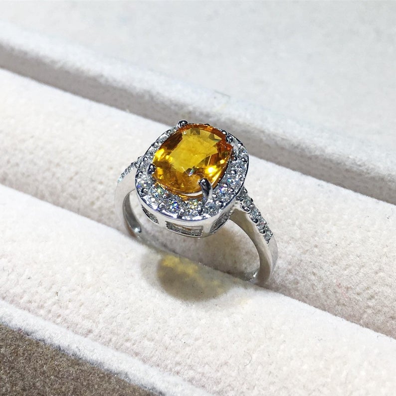 SPARKLING! 2.98TCW Yellow Sapphire & Diamonds in 18K solid handmade white gold ring engagement vintage wedding gift september orange golden