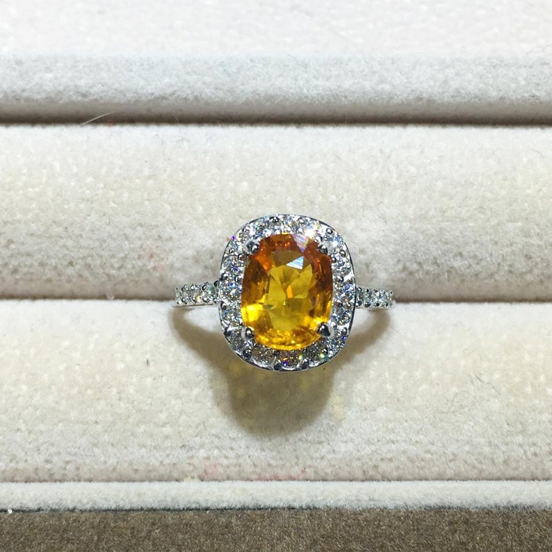 SPARKLING! 2.98TCW Yellow Sapphire & Diamonds in 18K solid handmade white gold ring engagement vintage wedding gift september orange golden